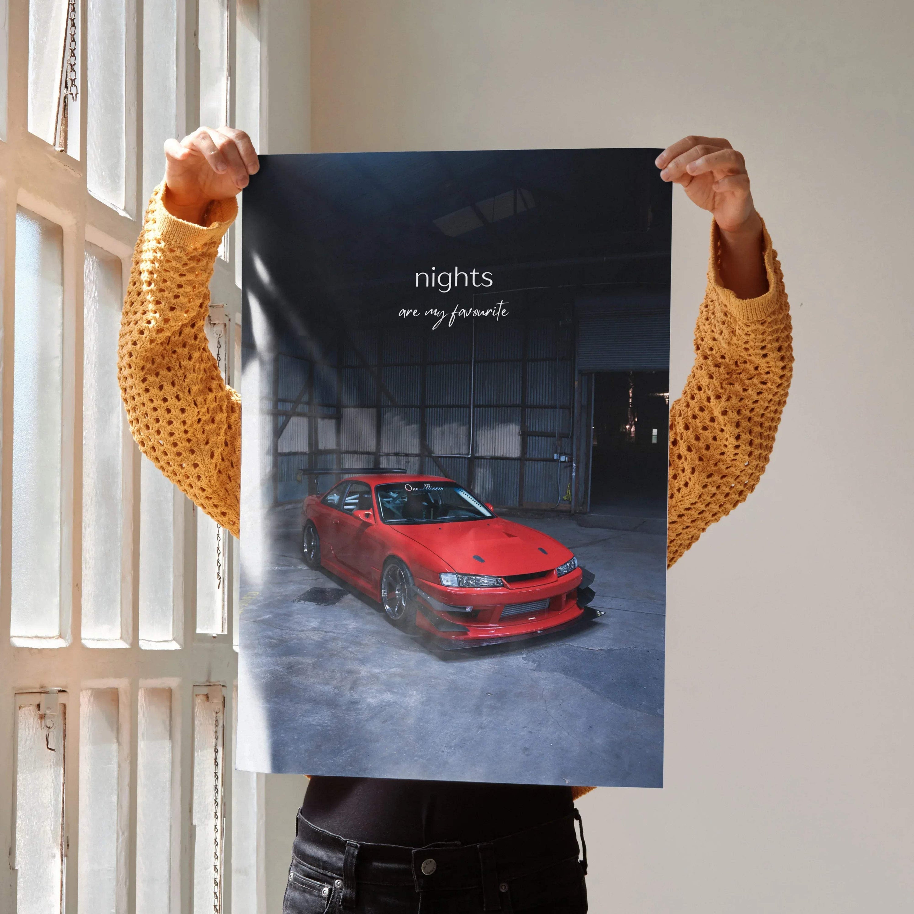Poster featuring a red Nissan 240sx S14 Kouki in a dark industrial setting with motivational text "nights are for dreamers".
