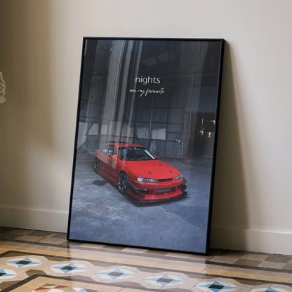 Motivational poster wall art featuring red Nissan 240sx S14 Kouki in dimly lit urban setting with inspiring text.