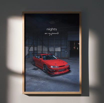 Motivational poster wall art featuring red Nissan 240sx S14 Kouki in dark garage with "nights are my paycheck" text.