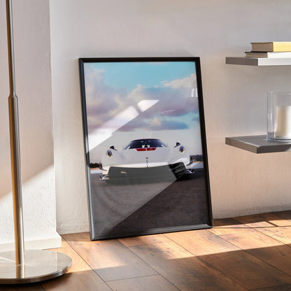 Koenigsegg Jesko high resolution poster of white sports car on racetrack, modern wall art in black frame.