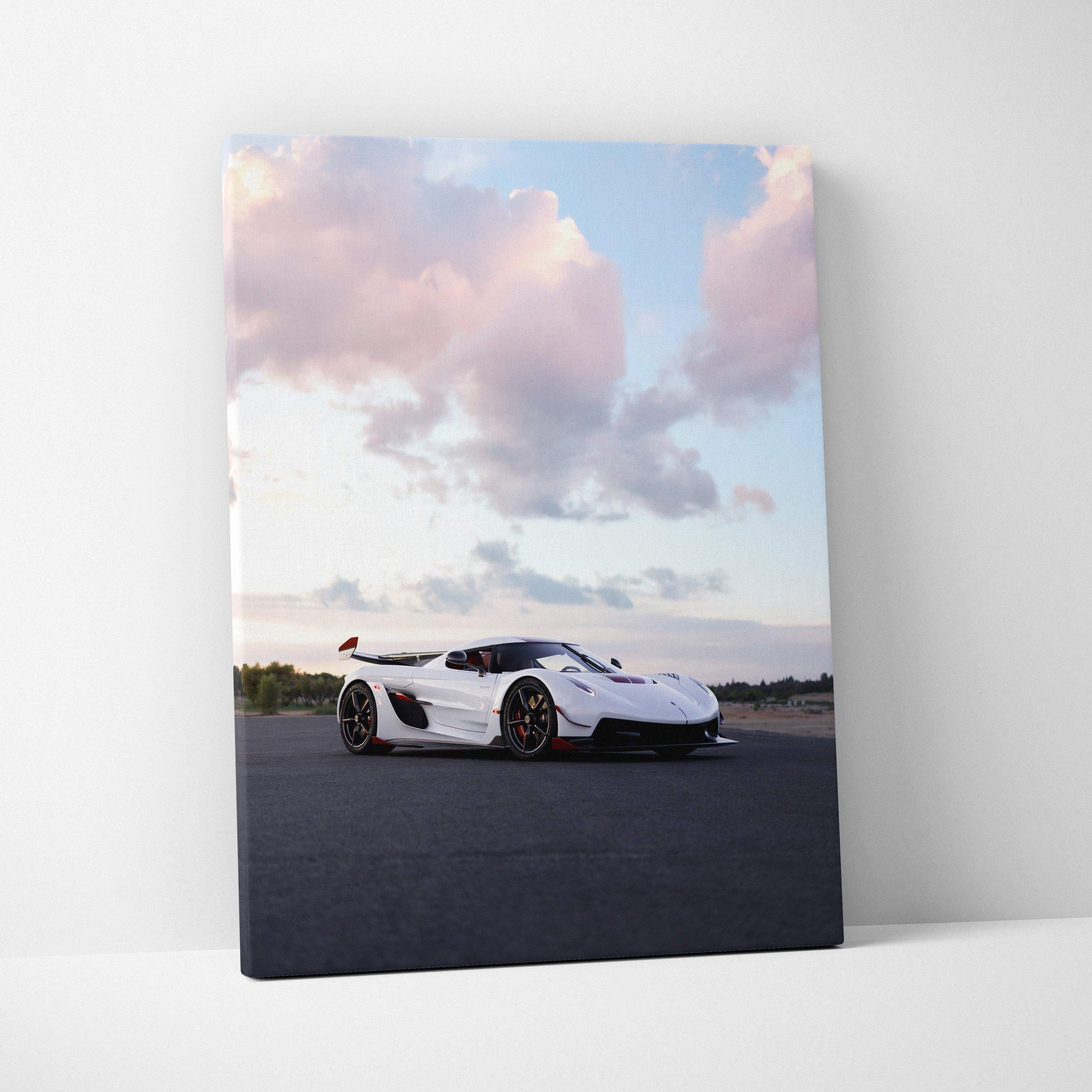Koenigsegg Jesko white sports car on road under cloudy sky canvas wall art.