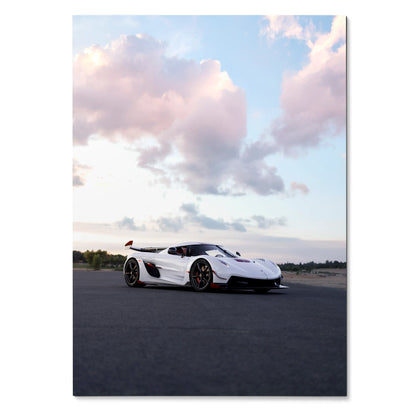 Koenigsegg Jesko sports car on open road under pastel sky poster wall art.