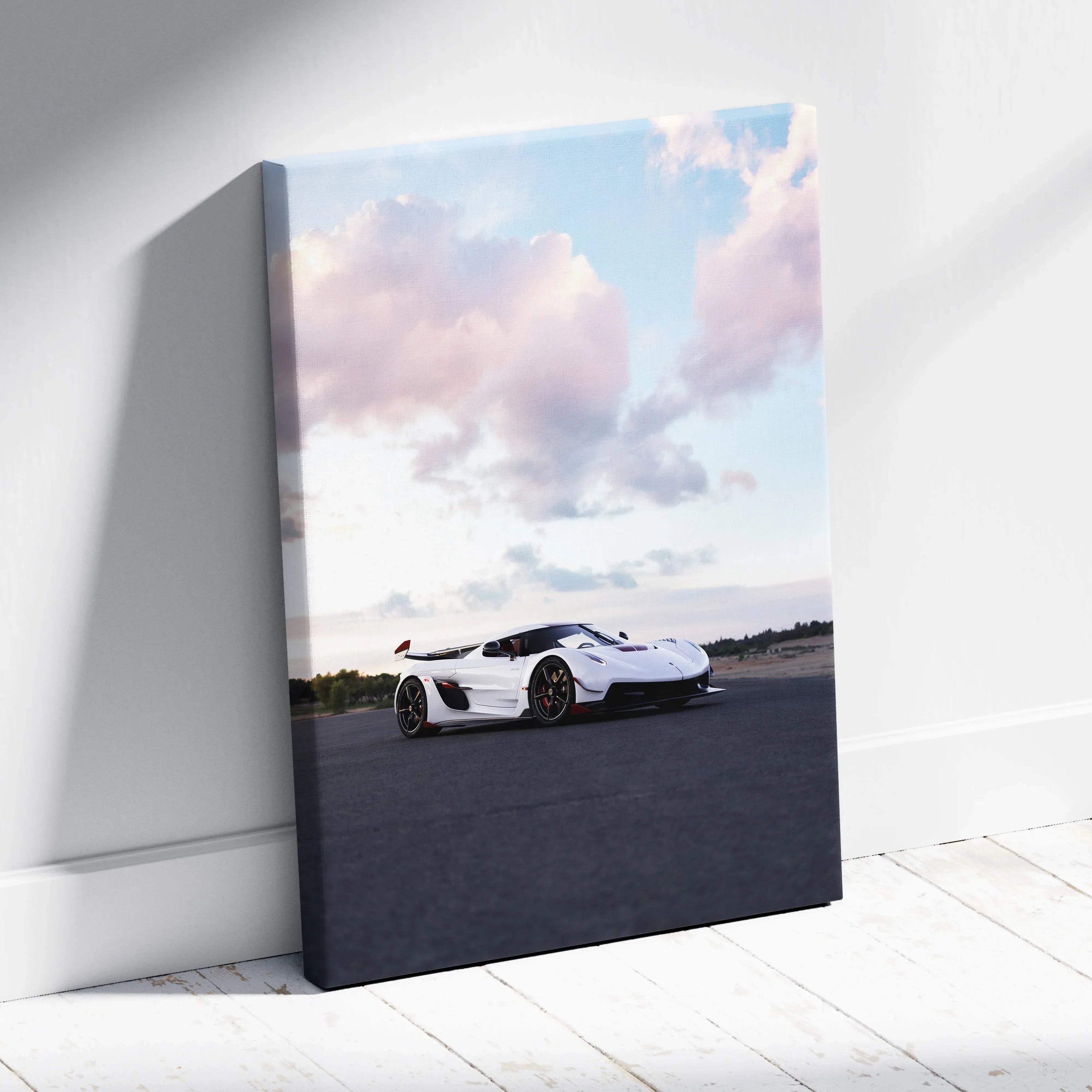 Koenigsegg Jesko white sports car on road with cloudy sky canvas wall art.