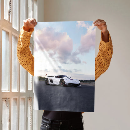 Koenigsegg Jesko white sports car on asphalt road against blue sky poster wall art.