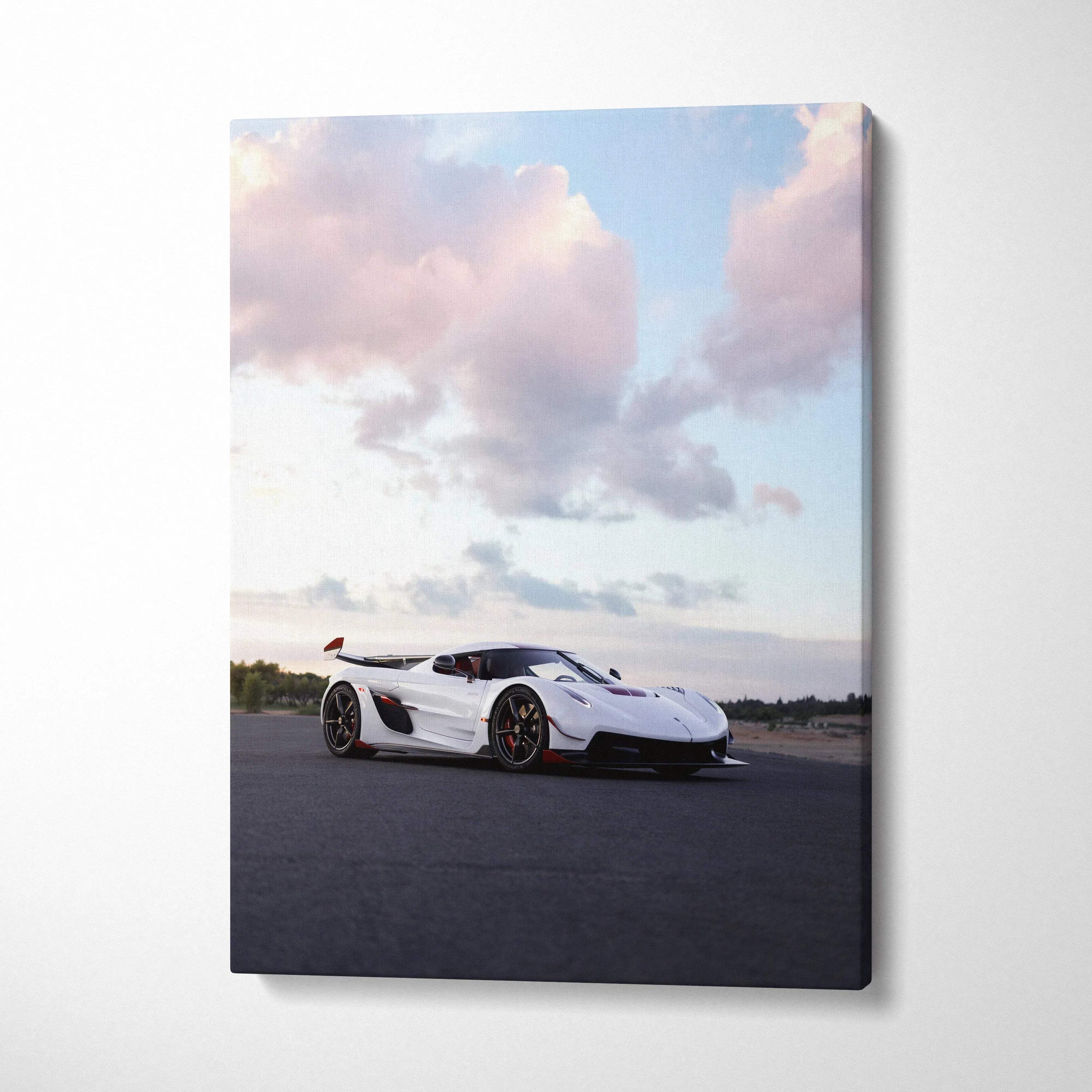 Koenigsegg Jesko sports car on asphalt under a pastel sky canvas wall art.