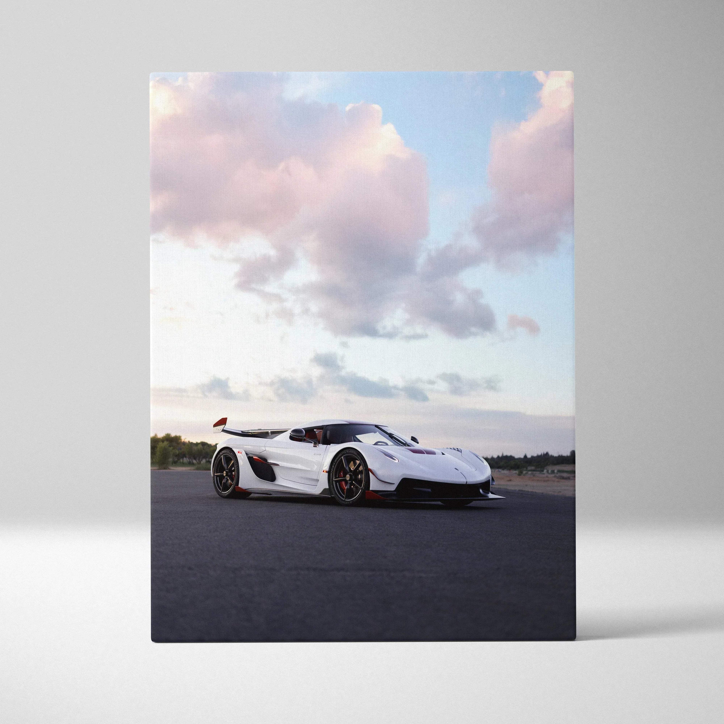Koenigsegg Jesko white sports car canvas art with pink clouds wall art vertical canvas.