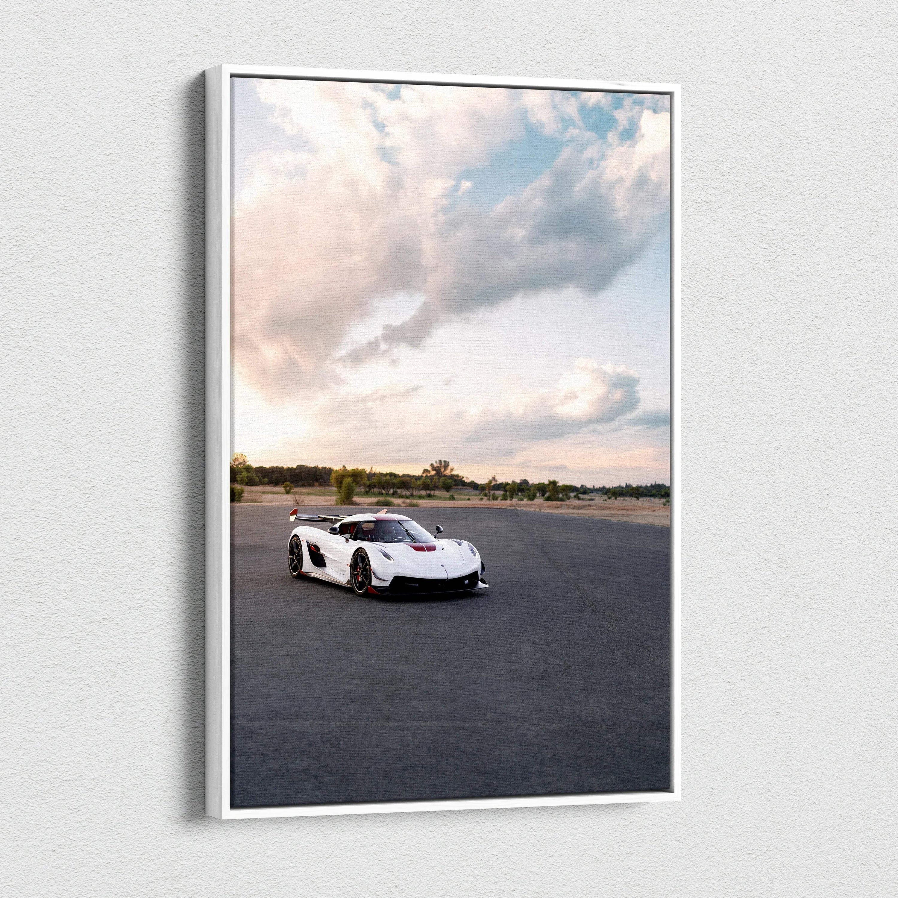Koenigsegg Jesko white car on asphalt road under cloudy sky vertical canvas wall art.