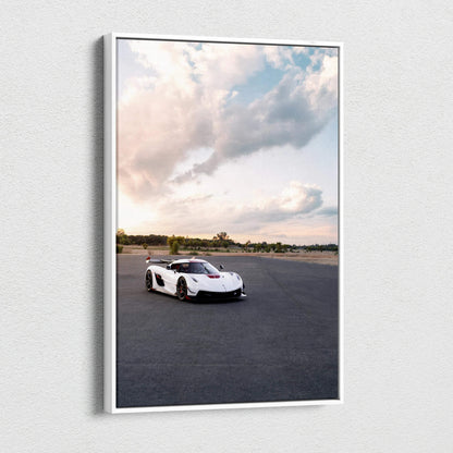 Koenigsegg Jesko white car on asphalt road under cloudy sky vertical canvas wall art.