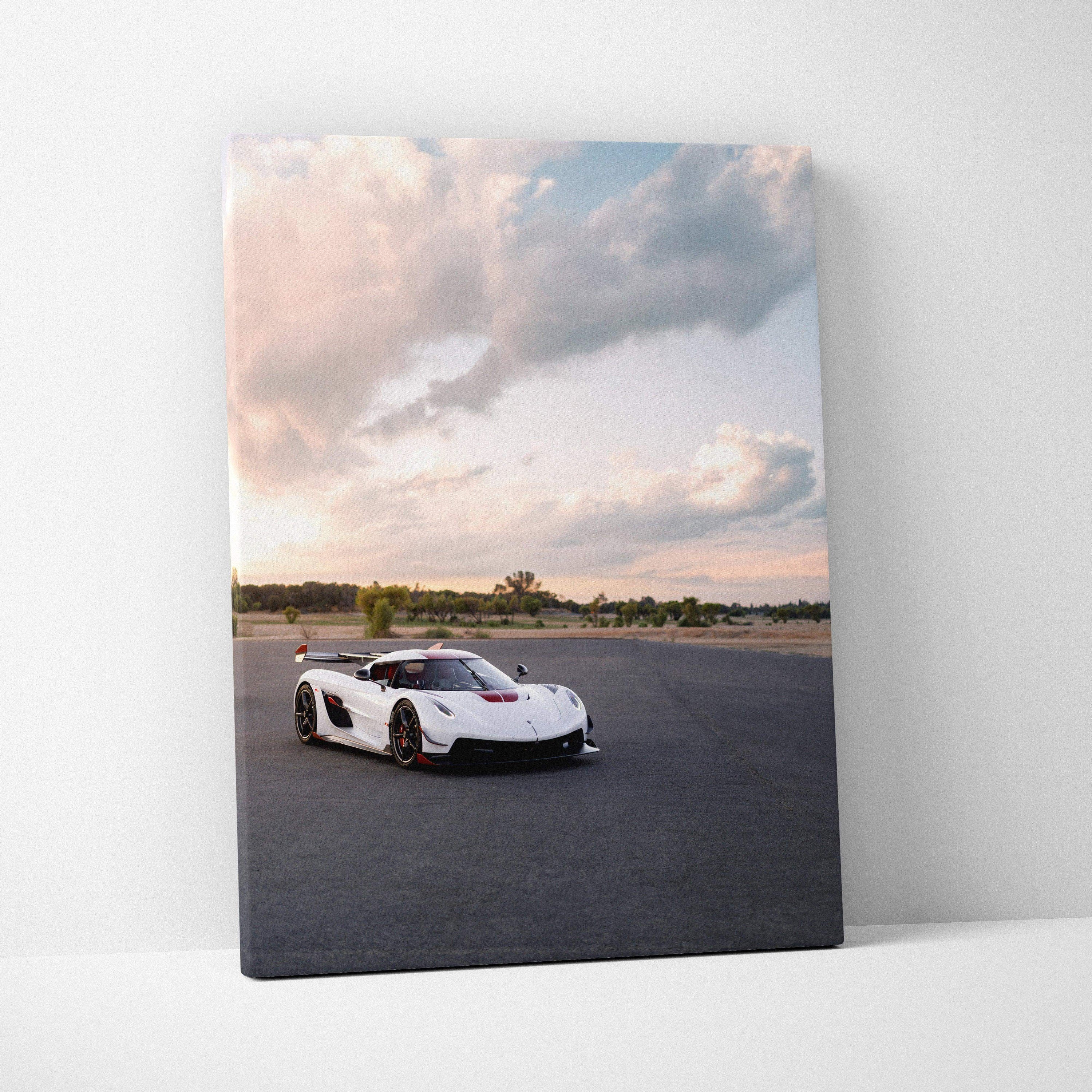Koenigsegg Jesko sports car on asphalt under cloudy sky vertical canvas wall art.