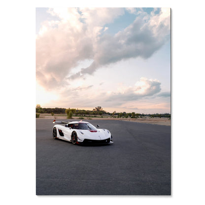 Koenigsegg Jesko supercar parked on asphalt under expansive cloudy sky poster wall art.