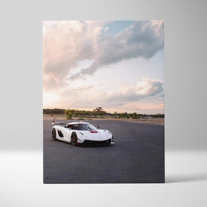 Koenigsegg Jesko white sports car on asphalt under a cloudy sky vertical canvas wall art.