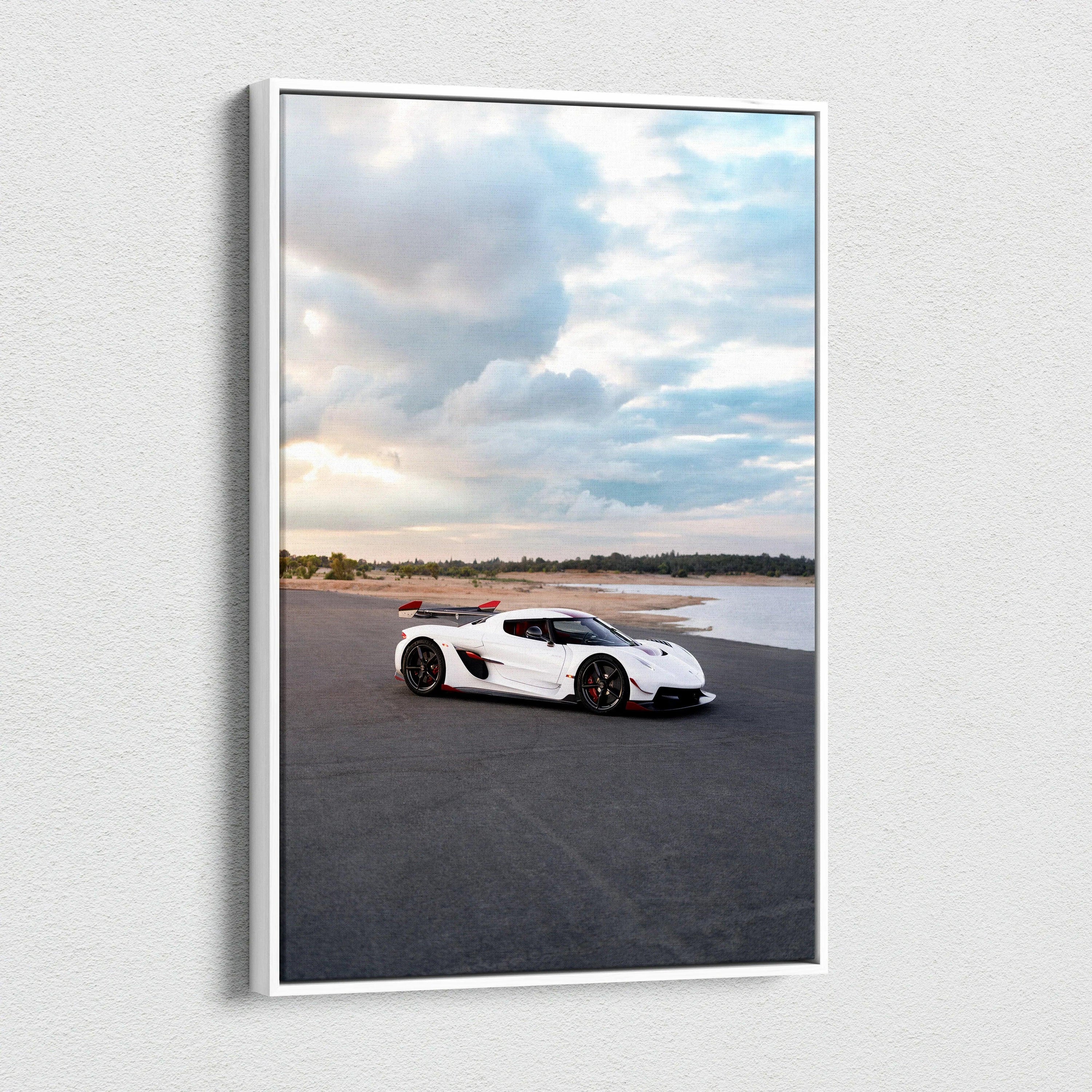 Koenigsegg Jesko white sports car on racetrack canvas wall art with dramatic sky background.