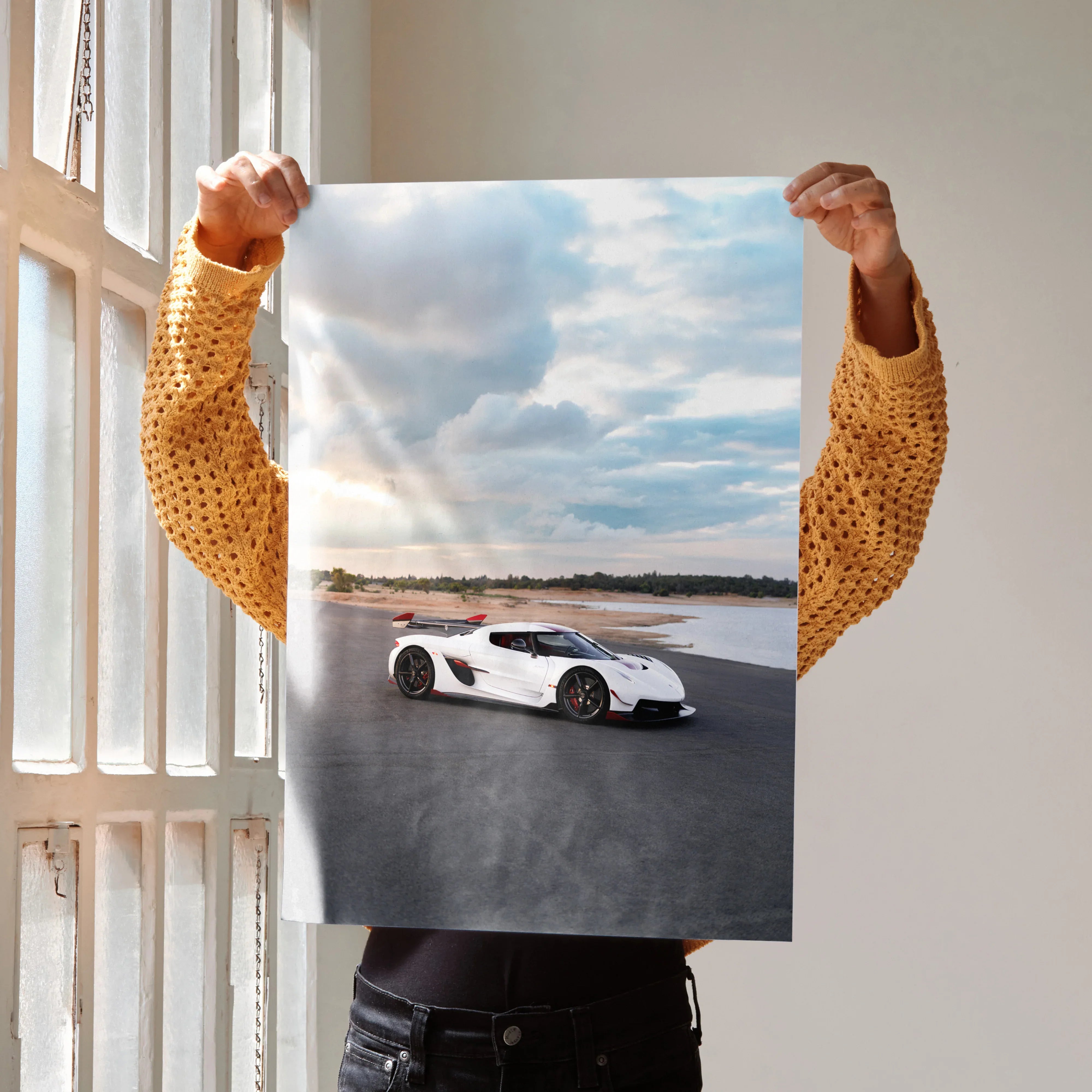 Koenigsegg Jesko white sports car poster with dramatic sky, high-resolution wall art.