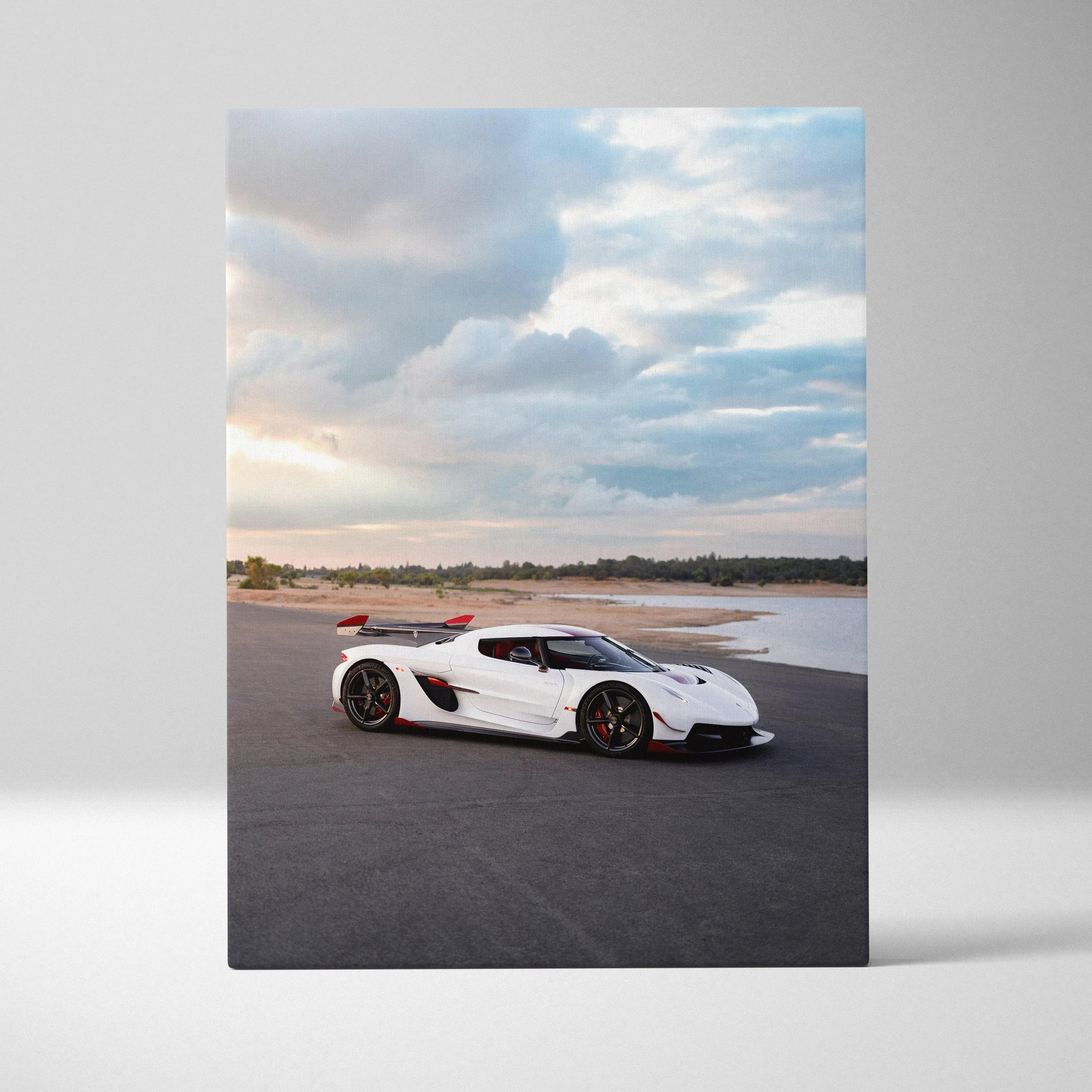 Koenigsegg Jesko white sports car on racetrack vertical canvas wall art print.
