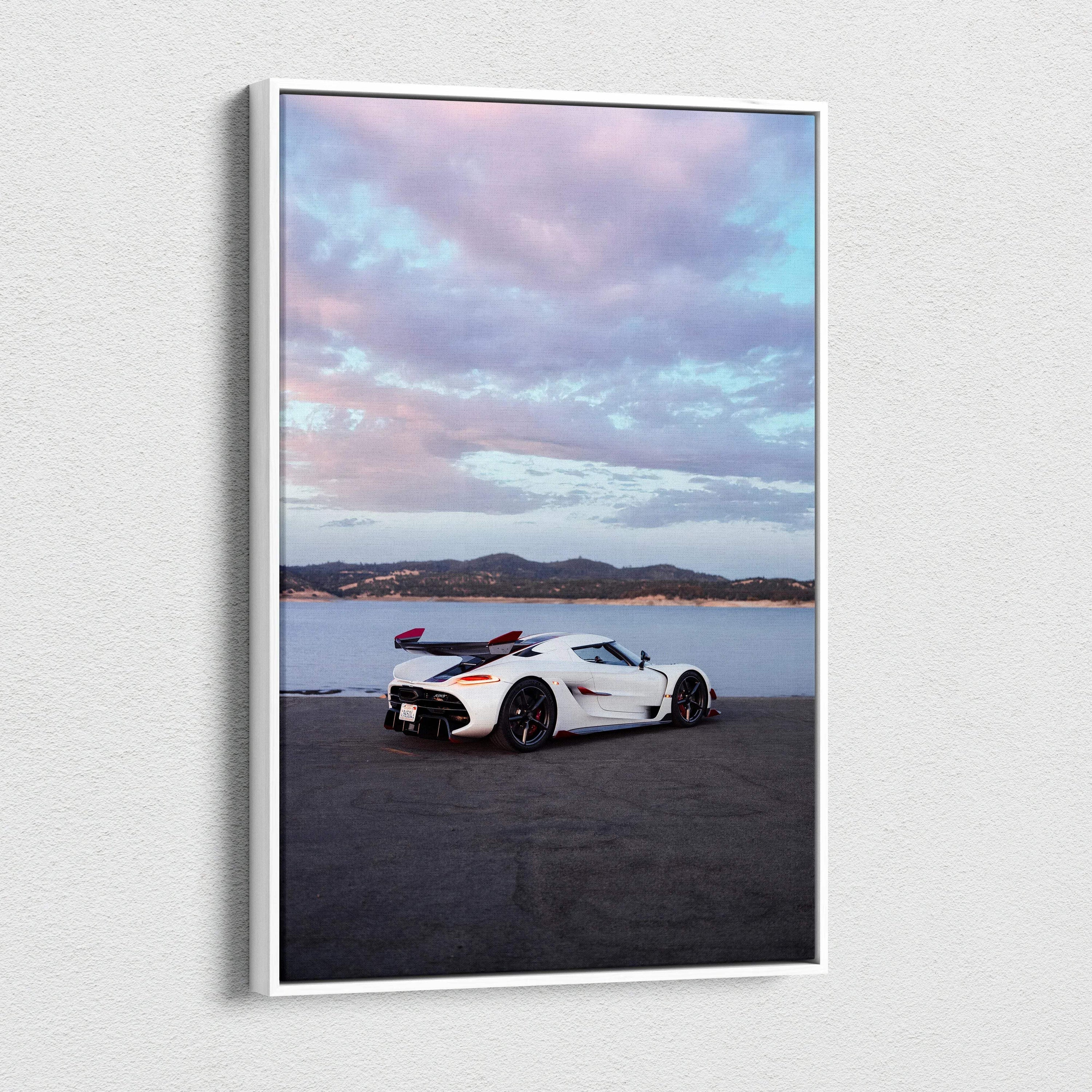 Koenigsegg Jesko white sports car on road with lake and mountains background canvas wall art.