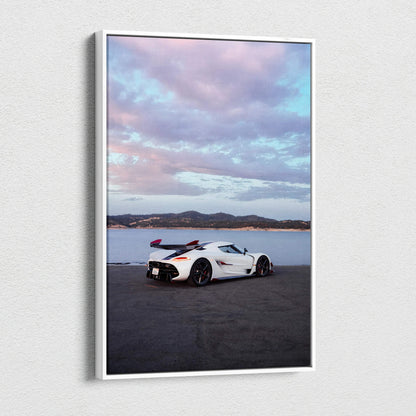 Koenigsegg Jesko white sports car on road with lake and mountains background canvas wall art.