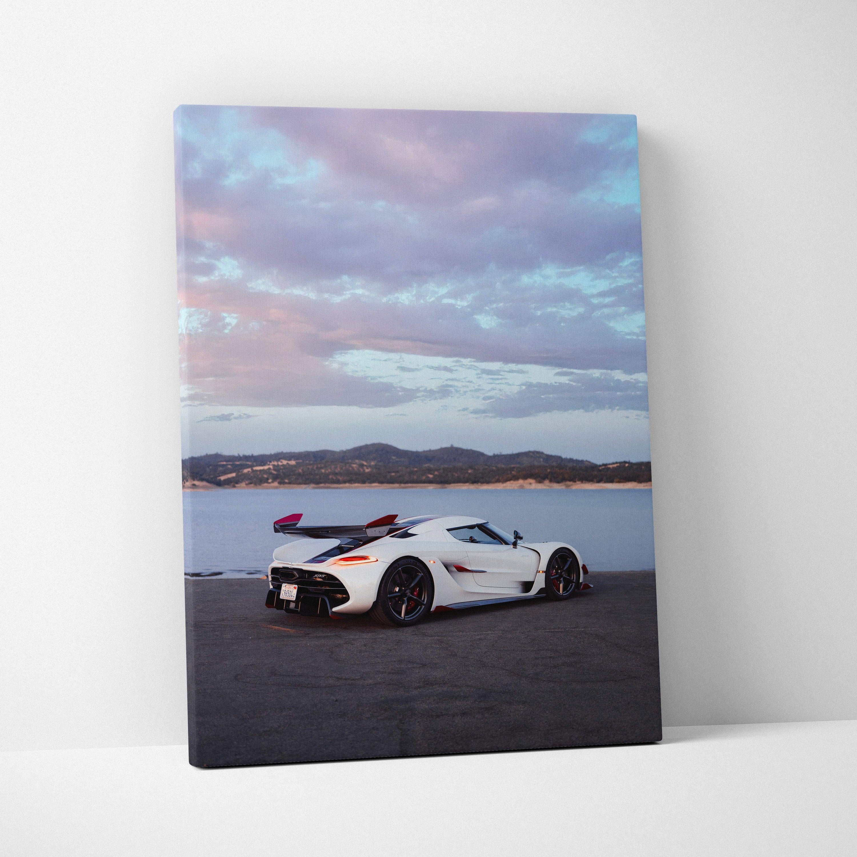 Koenigsegg Jesko white sports car against lake and hills canvas wall art.