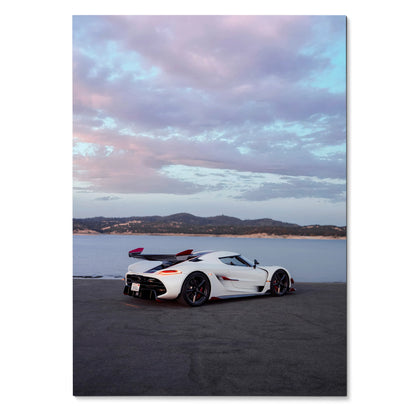 Koenigsegg Jesko white sports car parked near water under a colorful sky poster wall art.