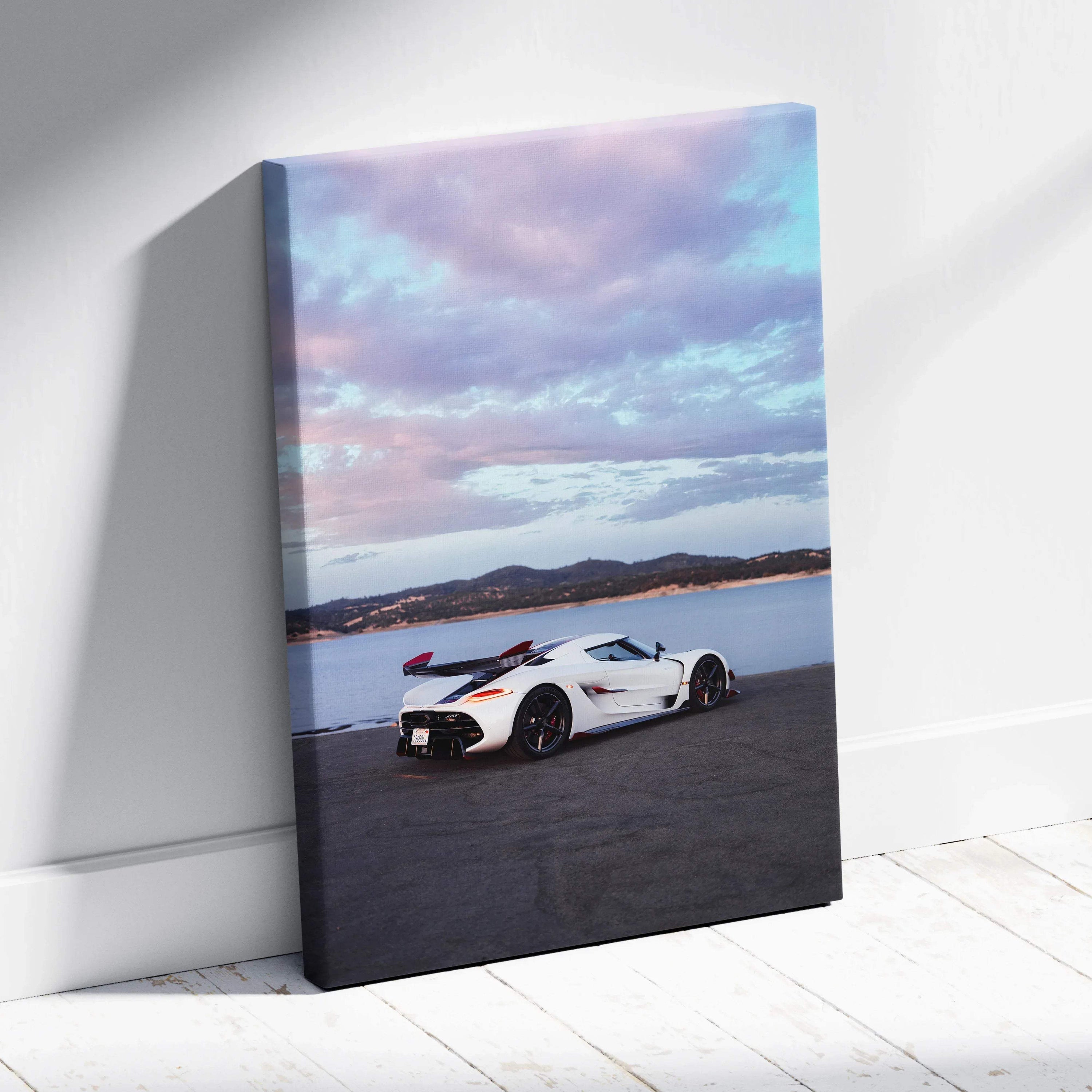 Koenigsegg Jesko supercar on racetrack at sunset canvas wall art vertical print.