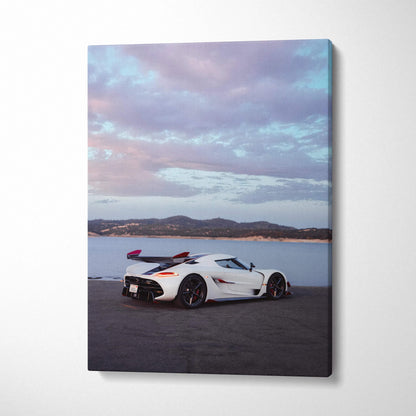 Koenigsegg Jesko white sports car against scenic lake and sky on vertical canvas wall art.