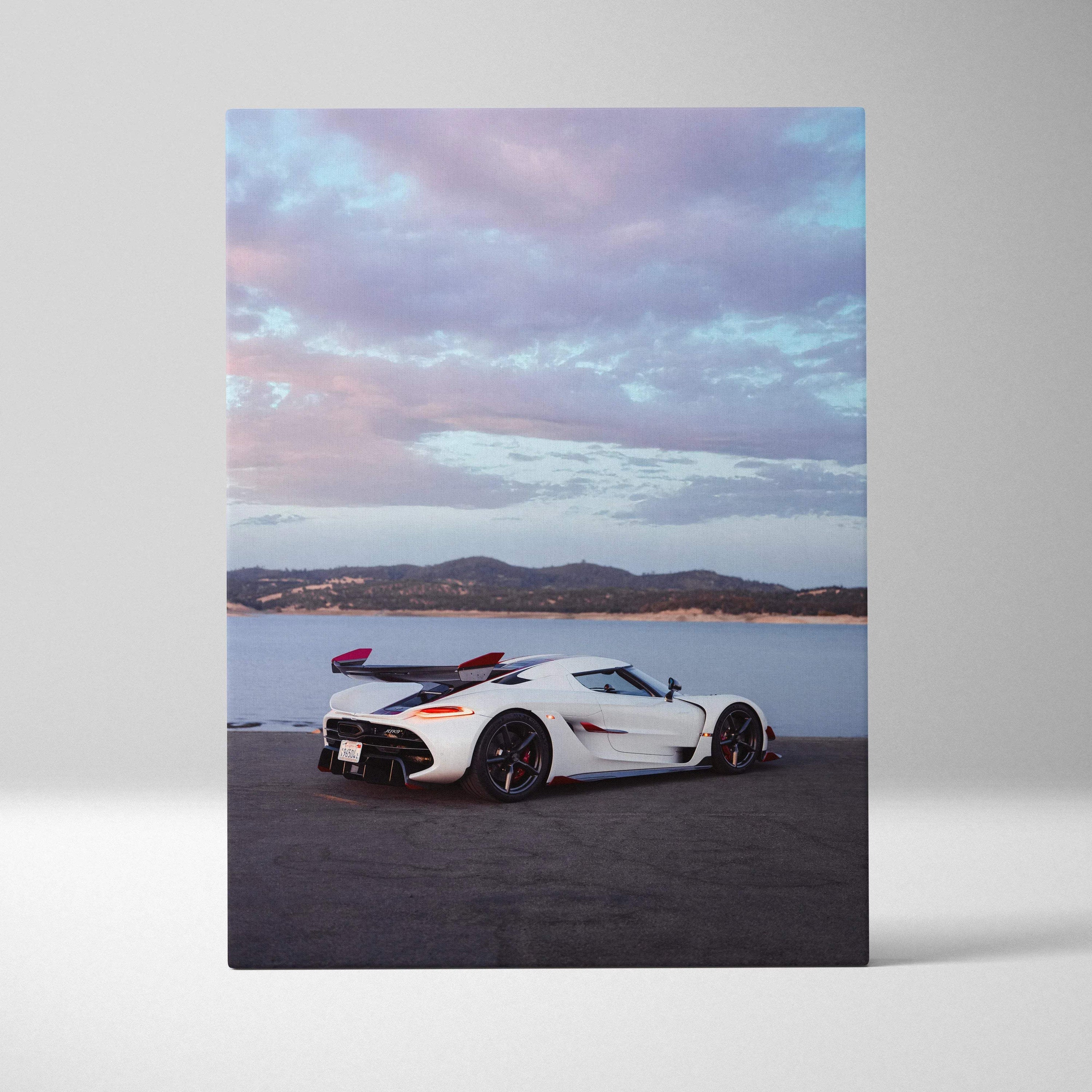 Koenigsegg Jesko white sports car on road canvas wall art with pastel sky background.