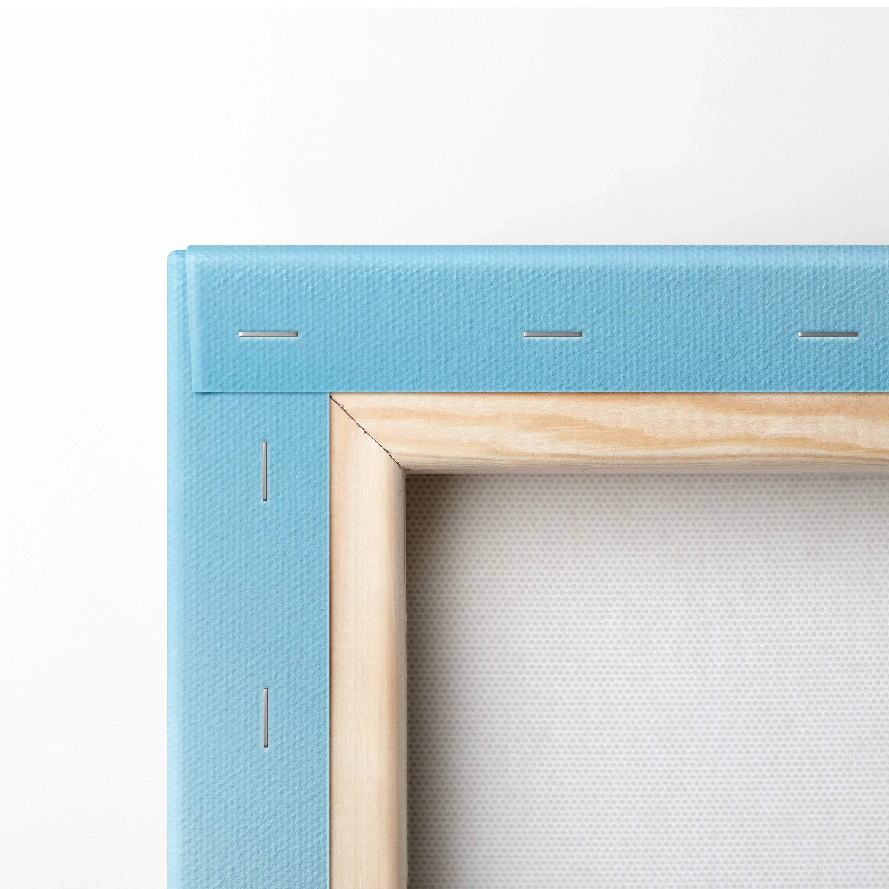 Light blue wrapped canvas with wooden frame and visible stapling, high-quality wall art material.