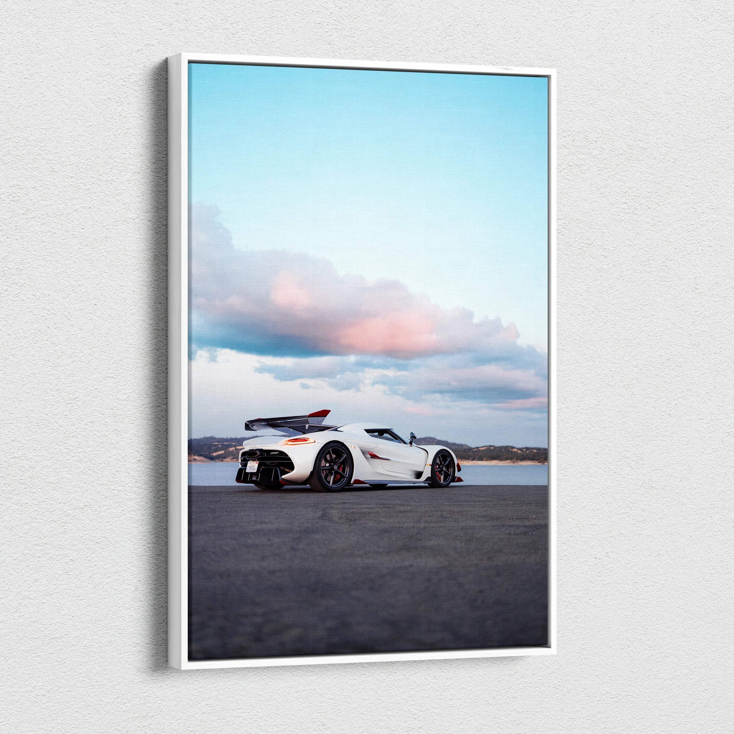 Vertical canvas art featuring a white Koenigsegg Jesko supercar against a pastel sky wall art.
