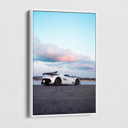 Vertical canvas art featuring a white Koenigsegg Jesko supercar against a pastel sky wall art.