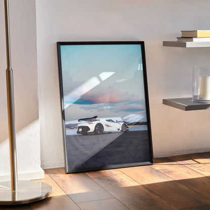 Koenigsegg Jesko white sports car poster wall art with sunset sky and black frame.