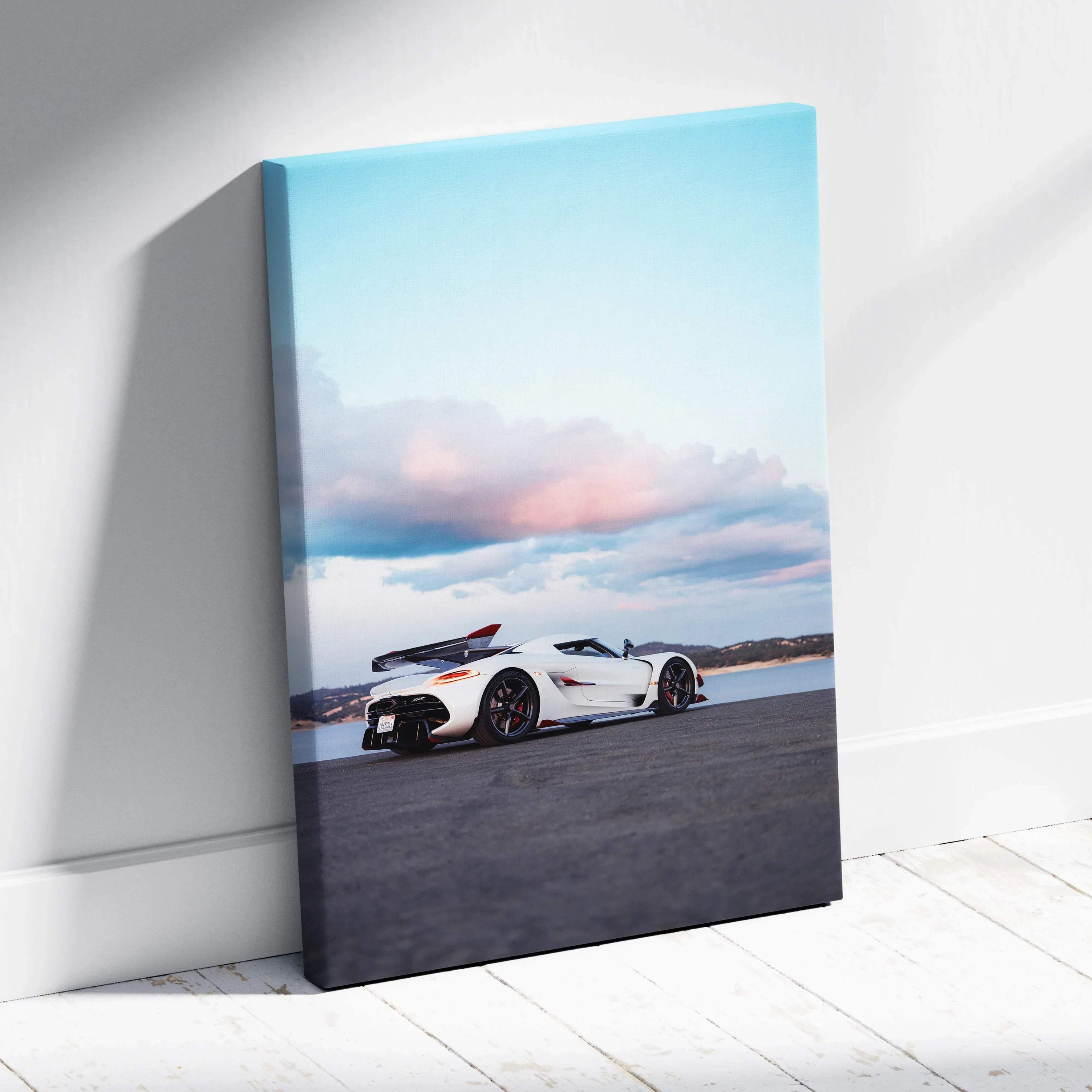 Koenigsegg Jesko sports car canvas art with sunset sky, vertical wall art print.