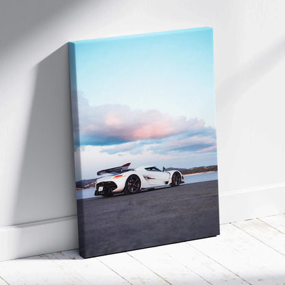 Koenigsegg Jesko sports car canvas art with sunset sky, vertical wall art print.