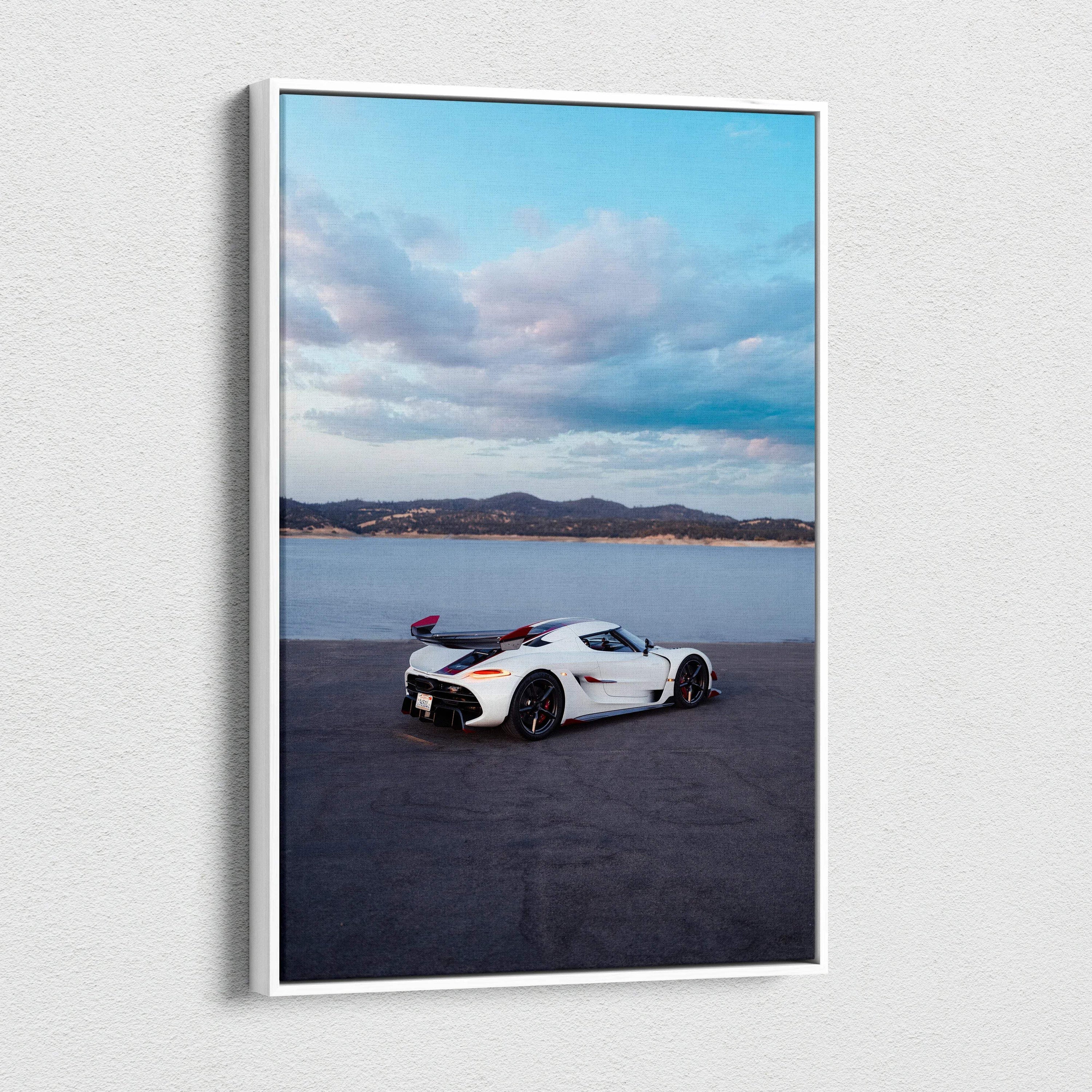 Koenigsegg Jesko sports car on asphalt under cloudy sky vertical canvas wall art.