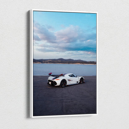 Koenigsegg Jesko sports car on asphalt under cloudy sky vertical canvas wall art.
