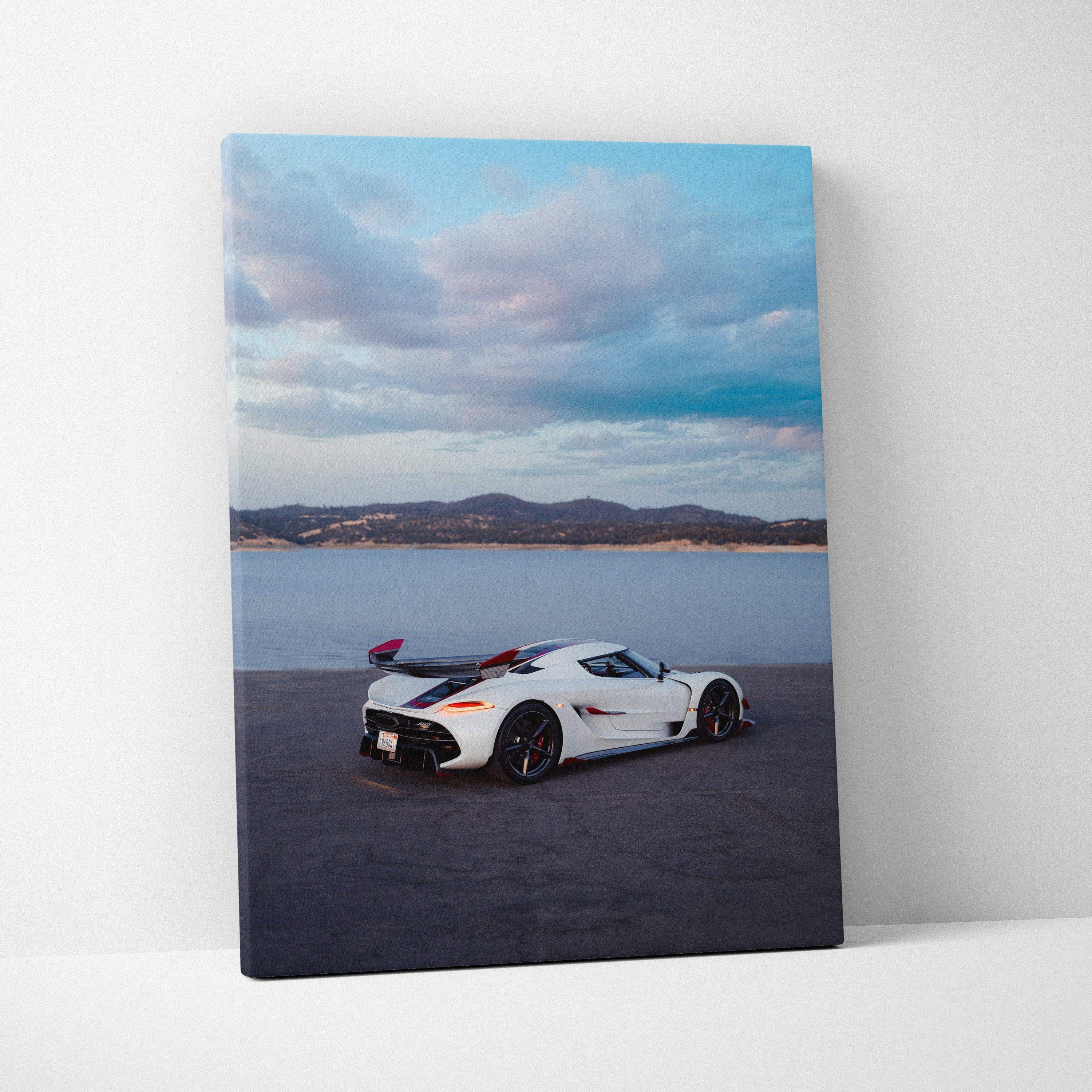 Koenigsegg Jesko white sports car against lake and mountain backdrop canvas wall art.
