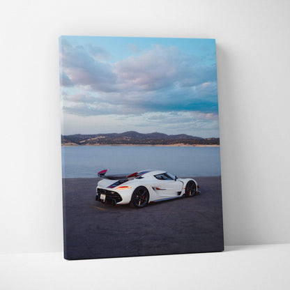 Koenigsegg Jesko white sports car against lake and mountain backdrop canvas wall art.
