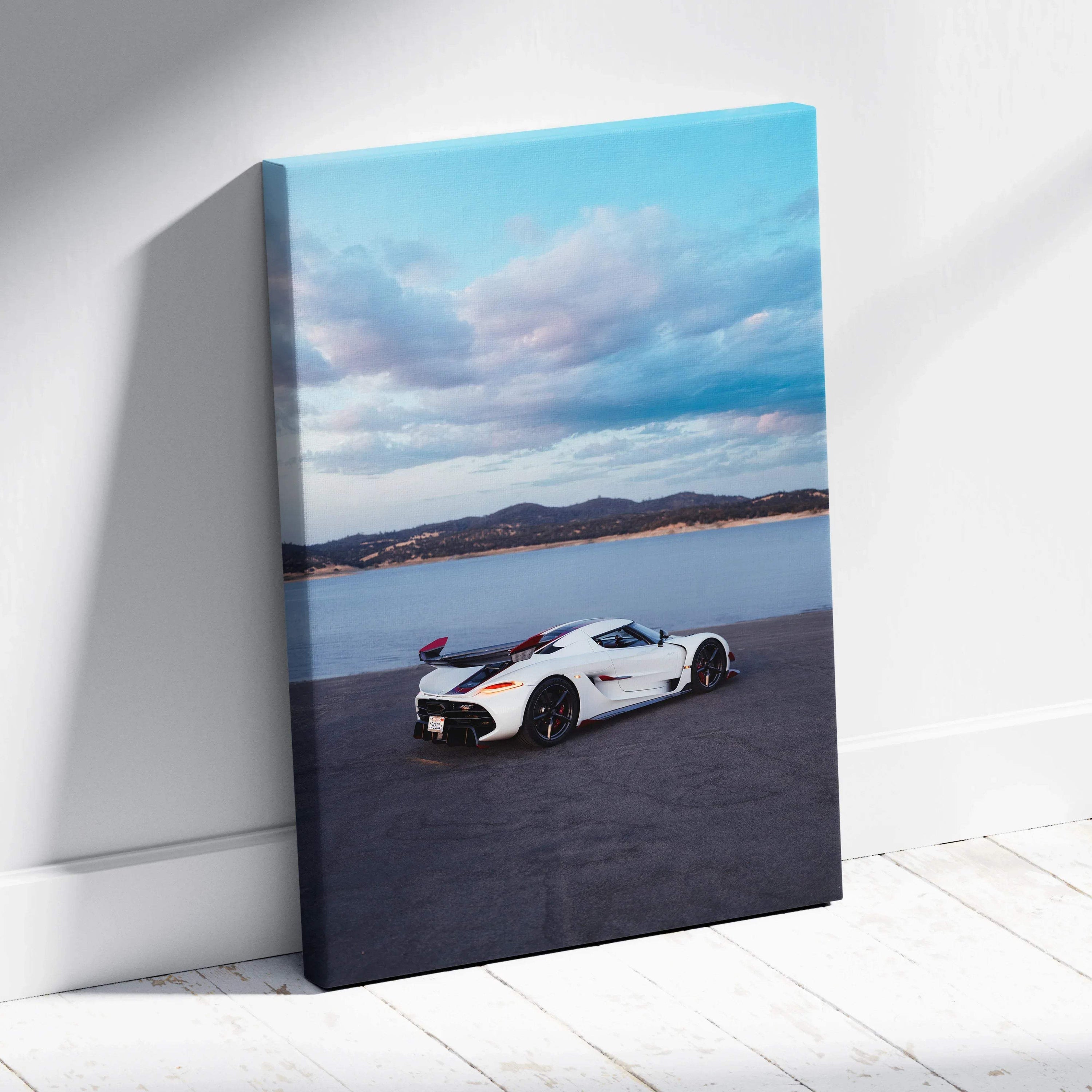 Koenigsegg Jesko car parked by water under blue sky canvas wall art vertical print.