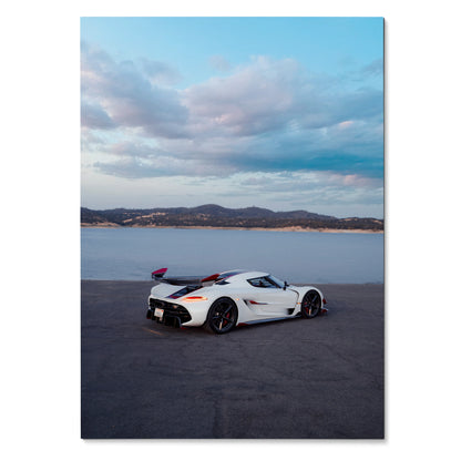 Koenigsegg Jesko white sports car on asphalt with lake and mountains background wall art poster.