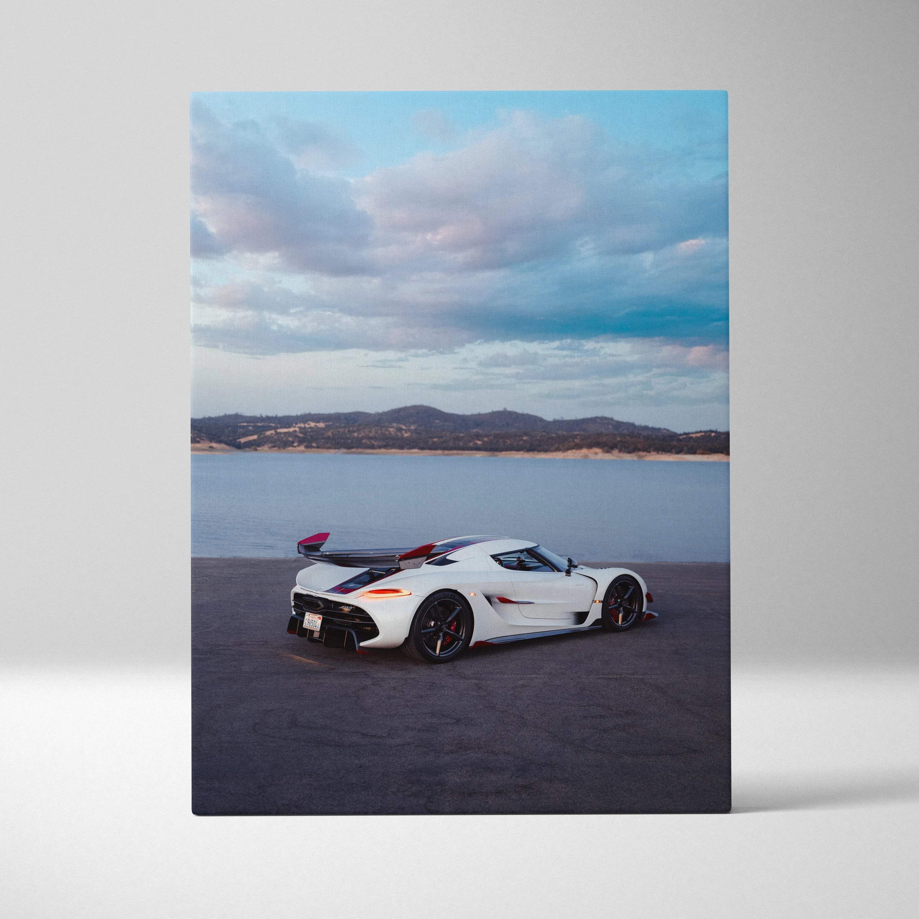 Koenigsegg Jesko white sports car Canvas wall art with lake and mountains background.