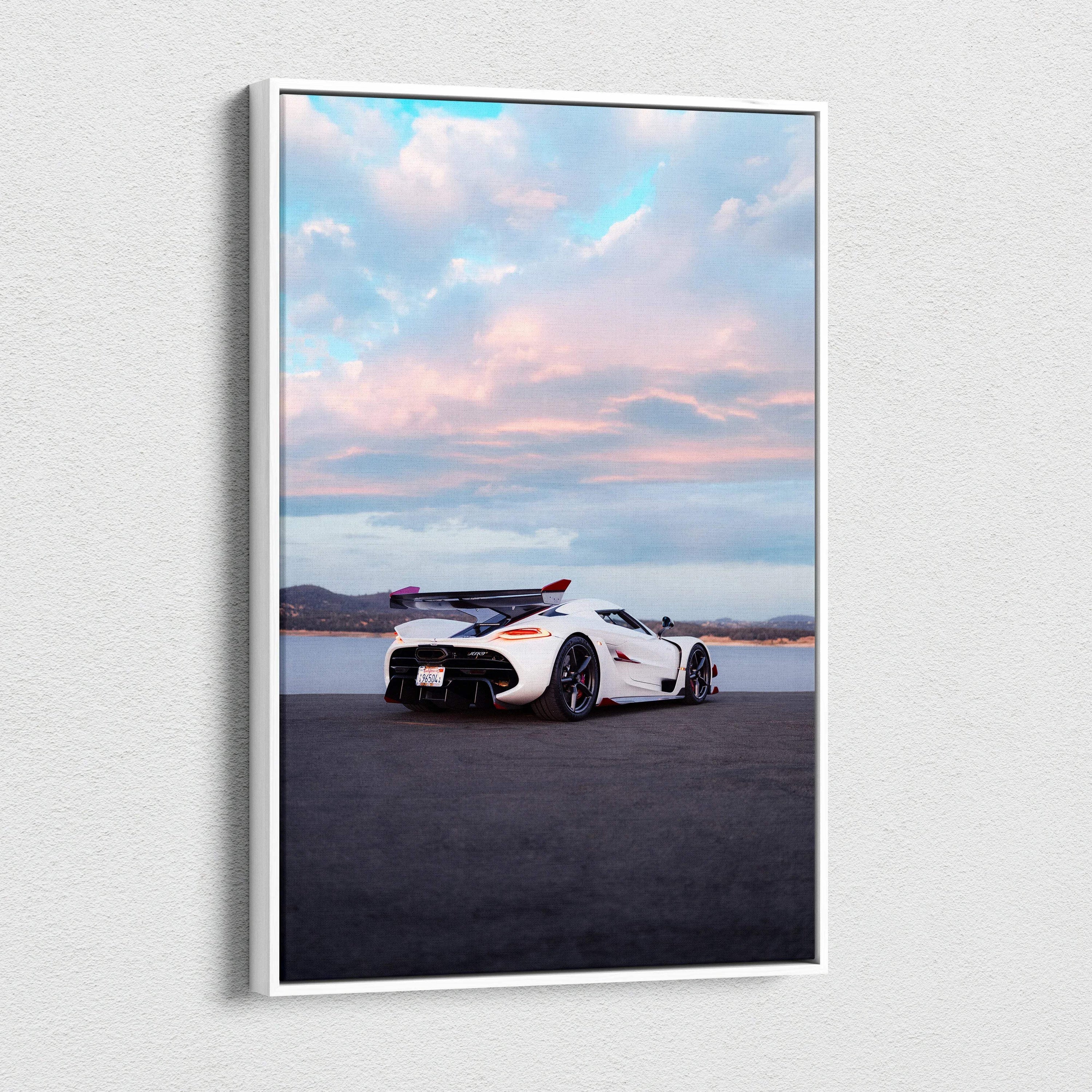 Koenigsegg Jesko white supercar under pastel sky on high-resolution vertical canvas wall art.