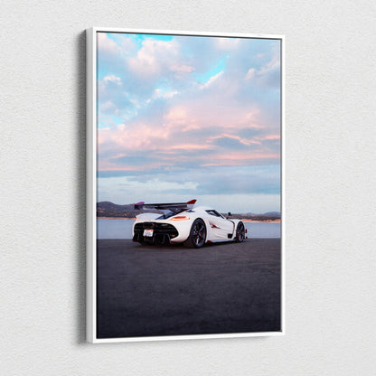 Koenigsegg Jesko white supercar under pastel sky on high-resolution vertical canvas wall art.