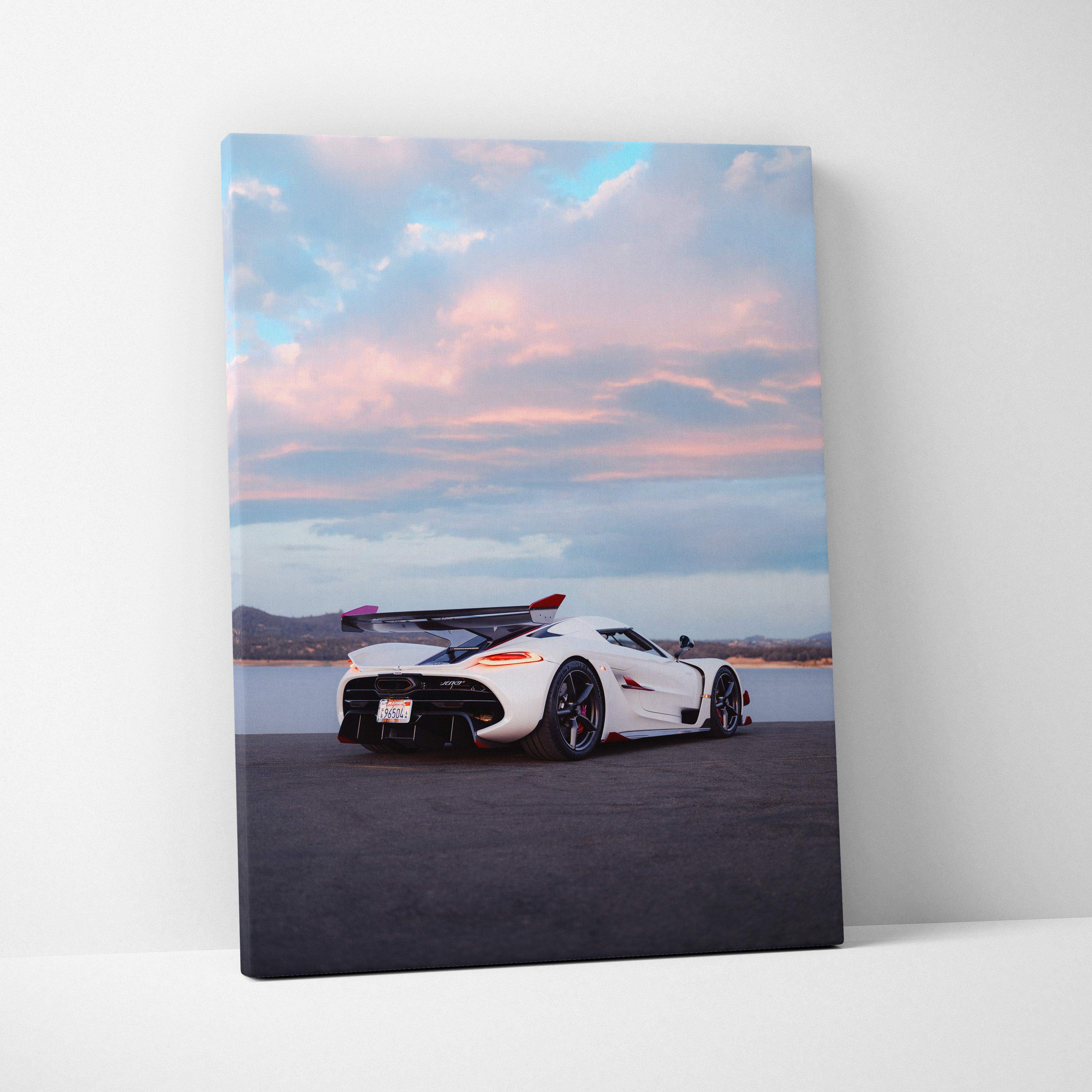 Canvas wall art vertical car print of white koenigsegg jesko hypercar with red rear spoiler under sunset sky