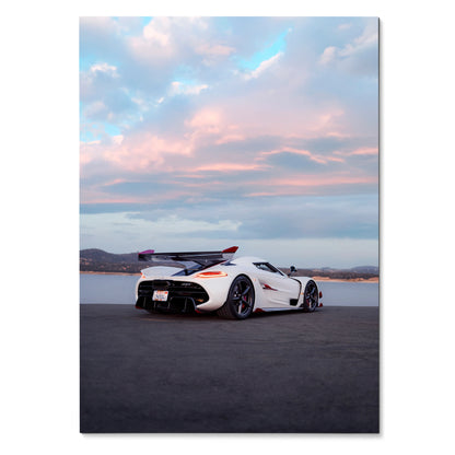 Koenigsegg Jesko white sports car parked at sunset poster wall art.