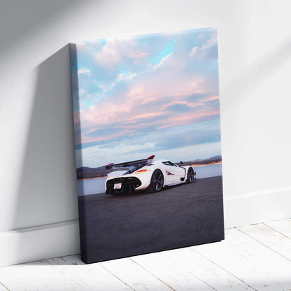 Koenigsegg Jesko white sports car on road with blue and pink sky canvas wall art.