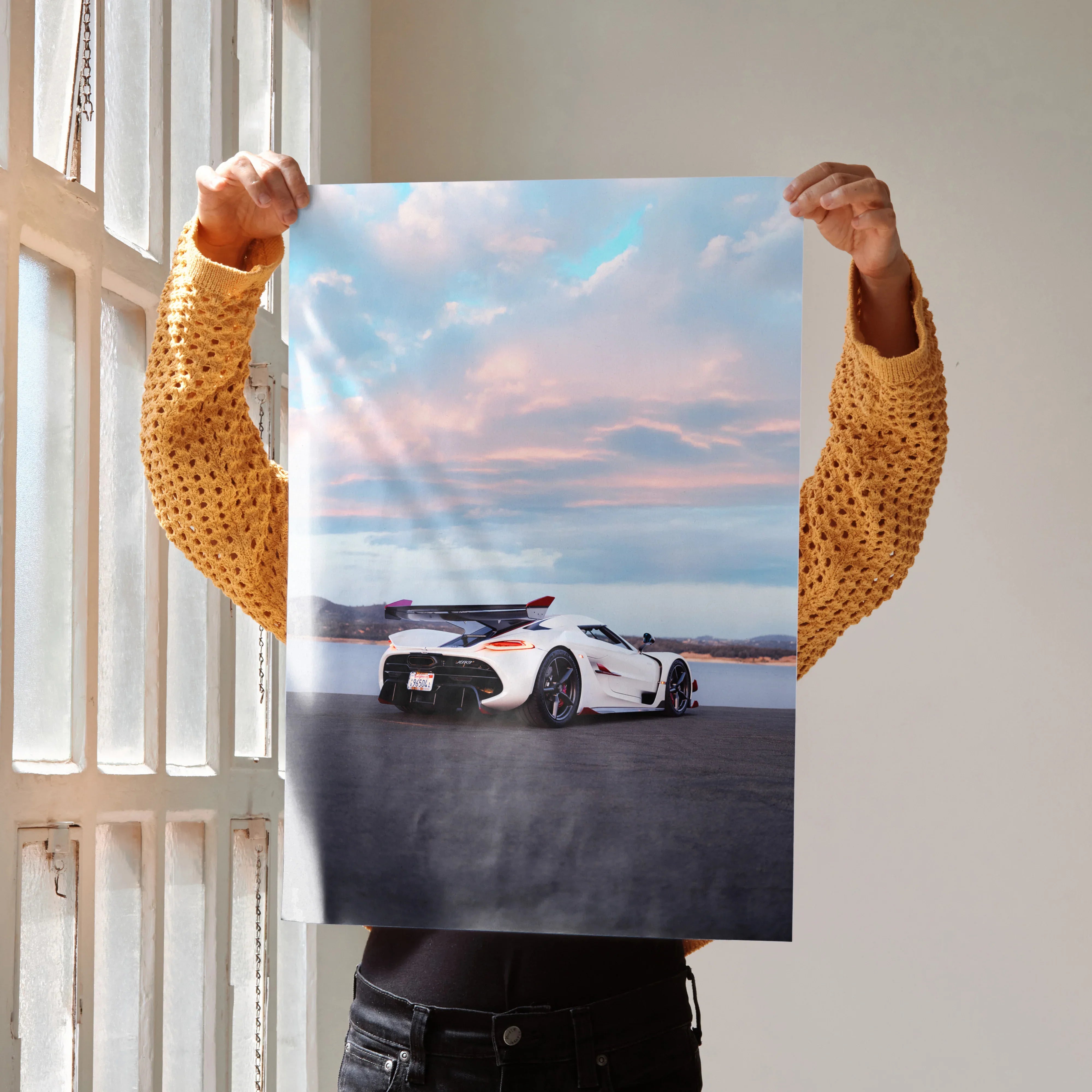 Koenigsegg Jesko white sports car on road at sunset poster wall art.