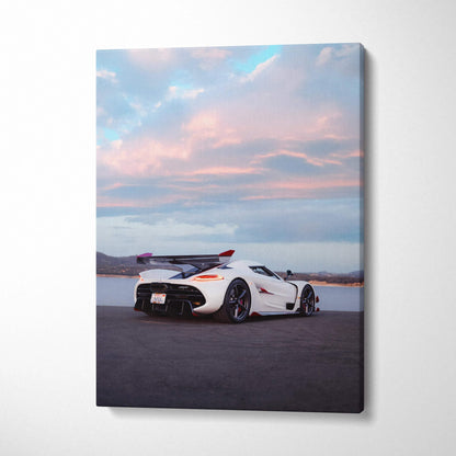 Koenigsegg Jesko white sports car against a colorful sunset sky canvas wall art.