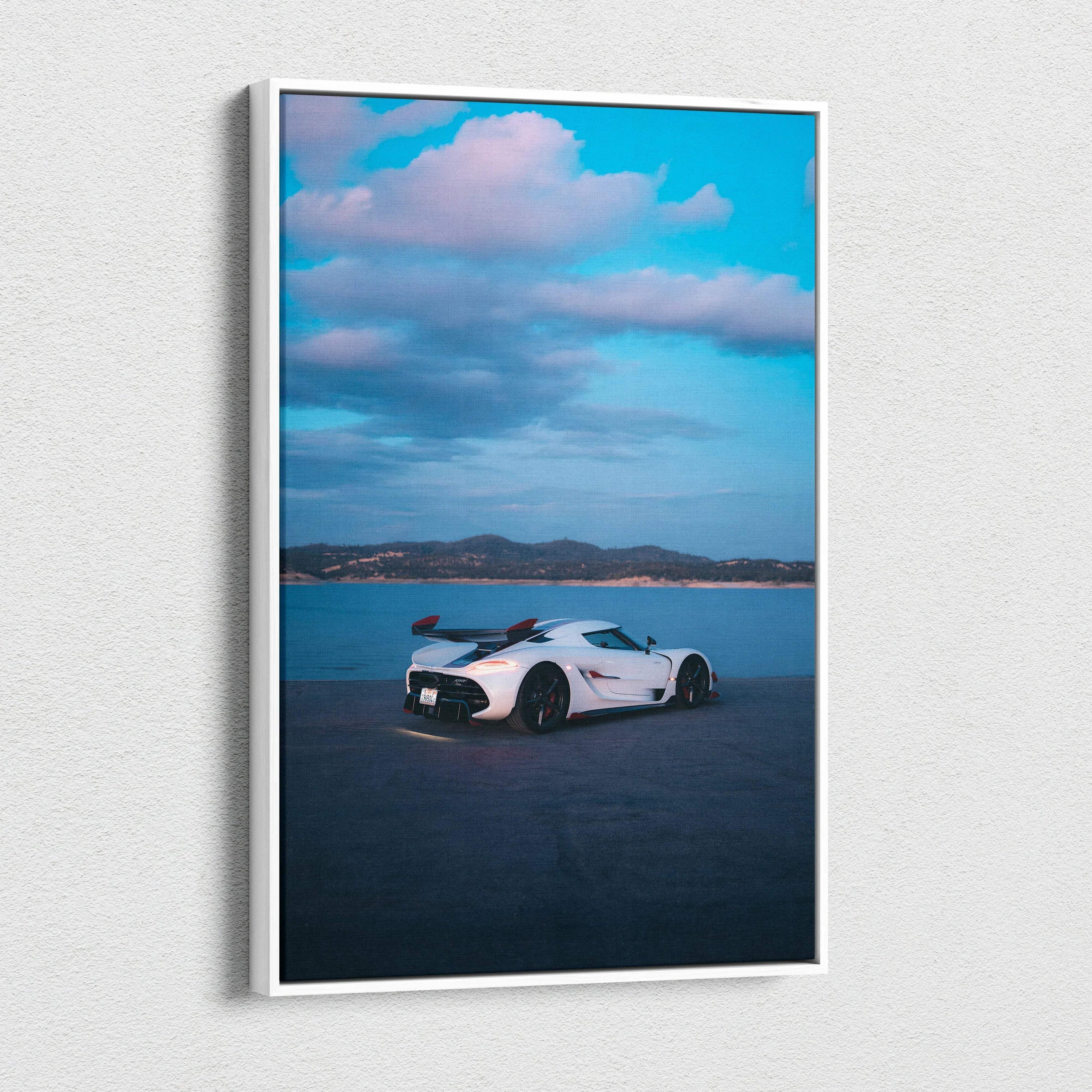 Koenigsegg Jesko sports car on road with blue sky canvas wall art print.