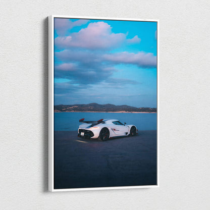 Koenigsegg Jesko sports car on road with blue sky canvas wall art print.