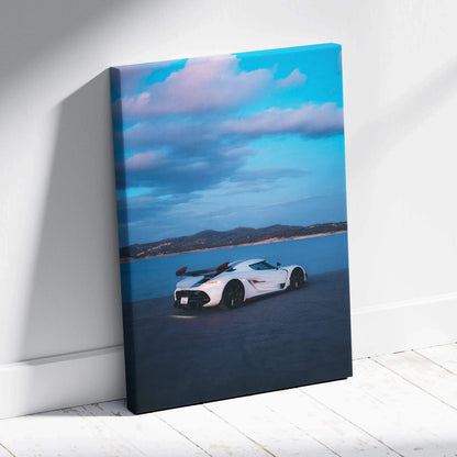 Vertical canvas art featuring a white Koenigsegg Jesko sports car against a blue sky and lake backdrop.