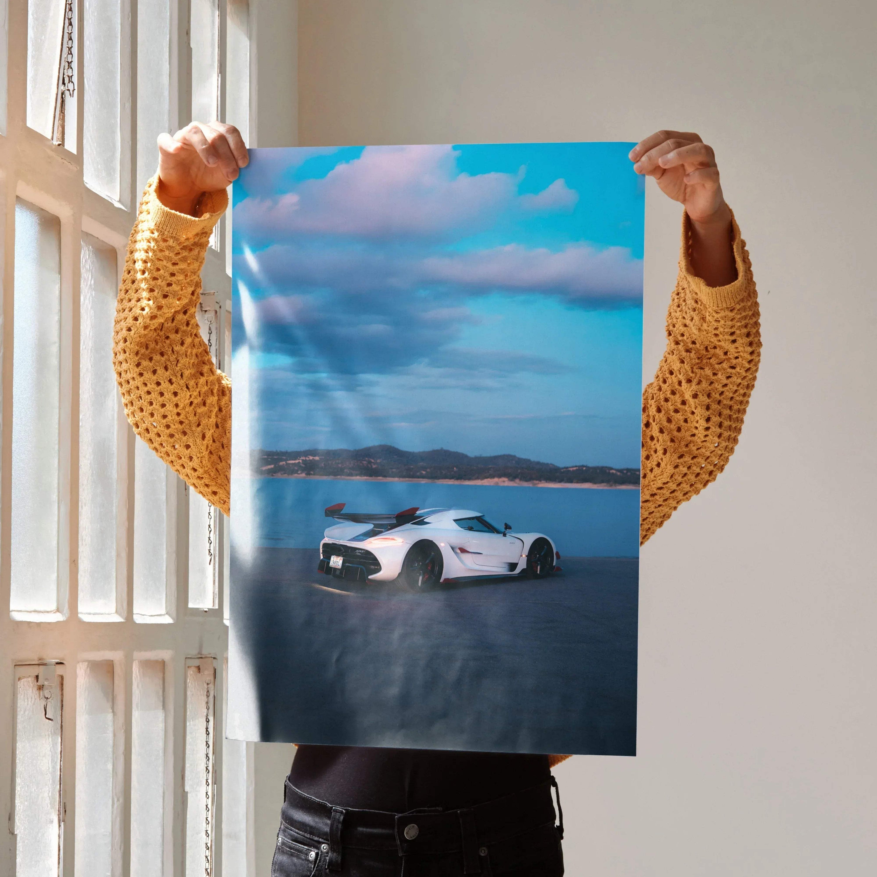 Koenigsegg Jesko poster showing white car on salt flats under blue sky wall art.