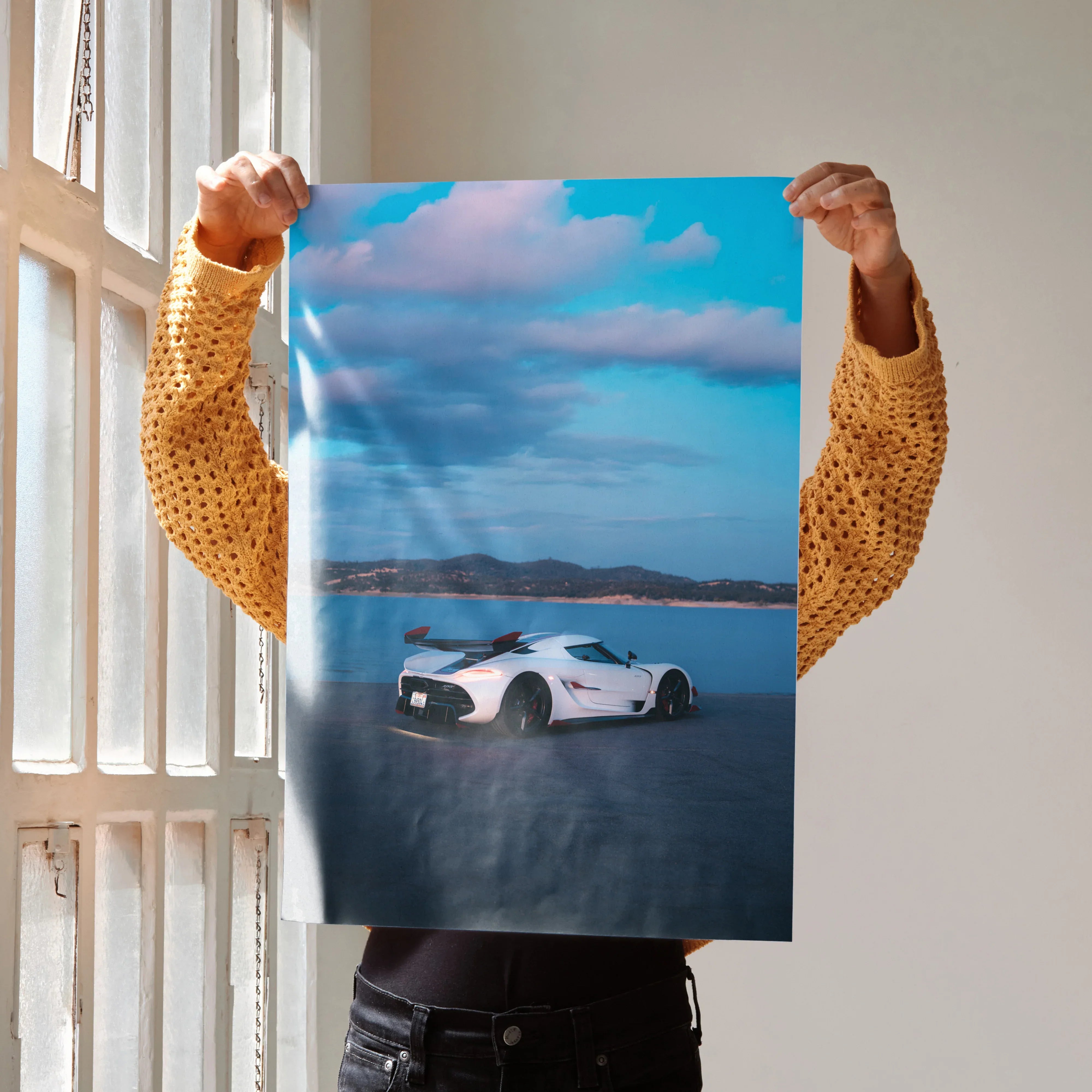 Koenigsegg Jesko poster showing white car on salt flats under blue sky wall art.
